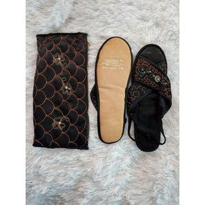 Vtg Japanese  M8-9.5 Slippers Black Embroidered Geisha Pearl  Bag Leather sole